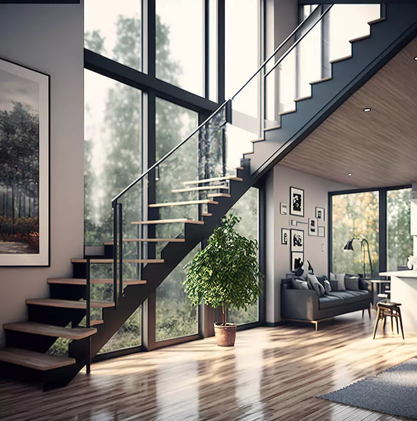 modern living room with high windows