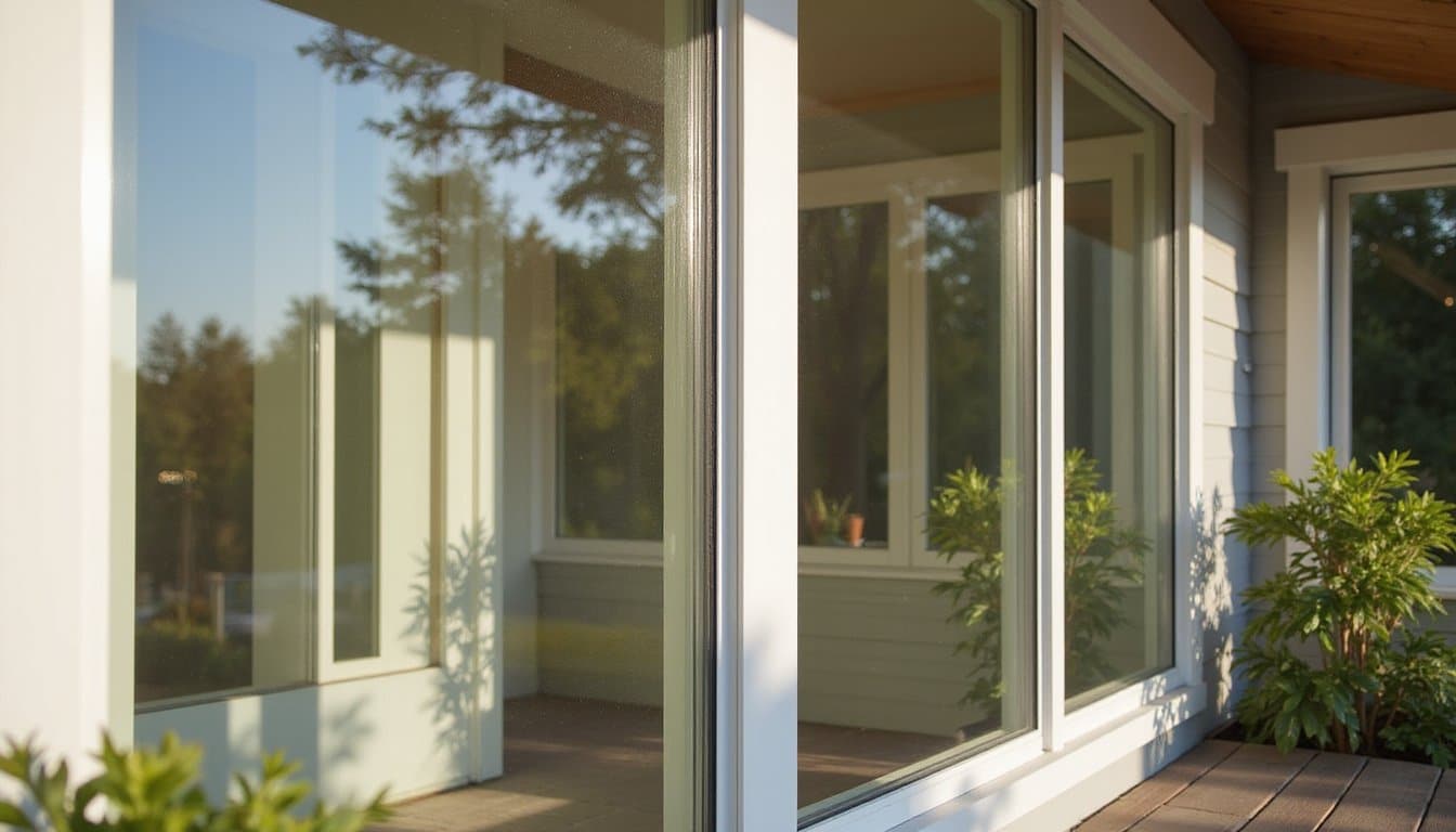 Close-up of a double-pane Low-E residential window, outer glass pane subtly reflecting outdoor heat before it reaches the inner pane