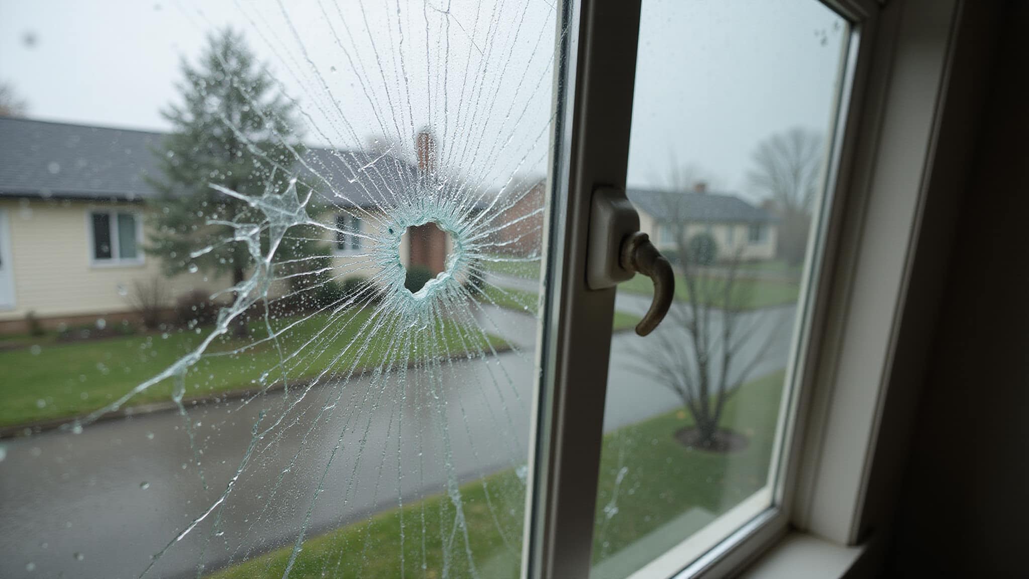 flying debris shatters glass